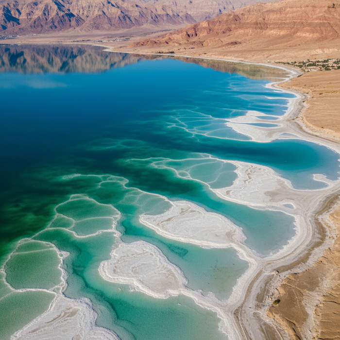 Aerial view of the Dead Sea shoreline with mineral-rich salt formations and turquoise water, highlighting the natural source of Dead Sea skincare minerals.