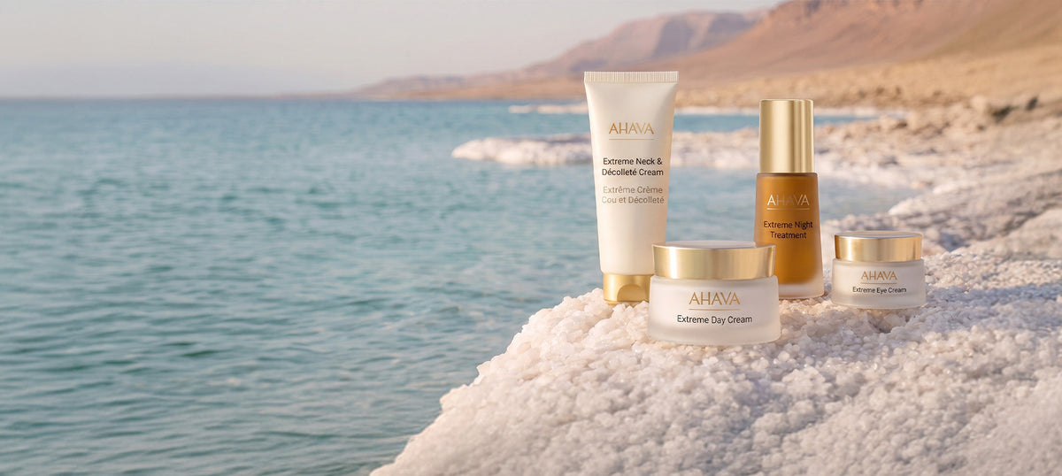AHAVA Extreme Collection: Advanced anti-aging skincare with Himalayan extracts and Dead Sea minerals for lifting and firming.