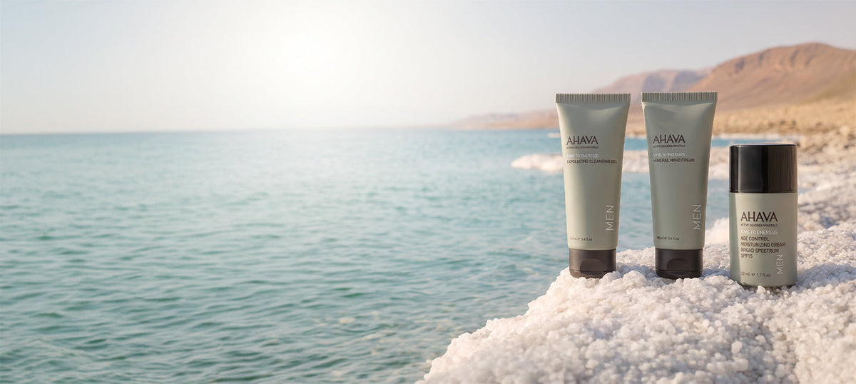 AHAVA Men’s skincare collection: Mineral-rich grooming and shaving essentials.