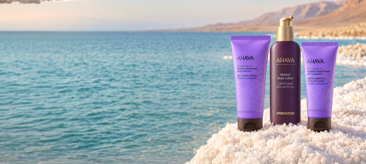 AHAVA Spring BLOSSOM: Mineral Hand Cream and Dermud Nourishing Body Lotion for deep hydration